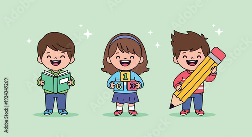 Happy Diverse Kids Learning Together with Books and Pencils.