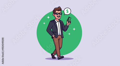 Happy Man Holding Money and Smartphone with Dollar Sign Bubble.
