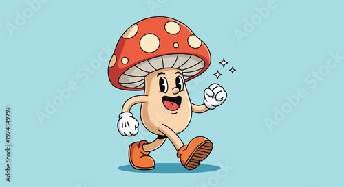 Happy Mushroom Character Walking Cartoon Illustration.