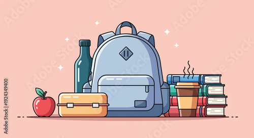 School Backpack with Books Lunchbox Apple and Water Bottle.
