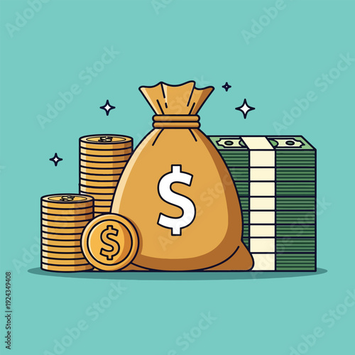 Money Bag with Coins and Banknotes Illustration.