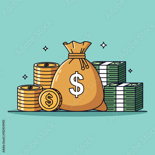 Money Bag with Coins and Stacks of Cash.