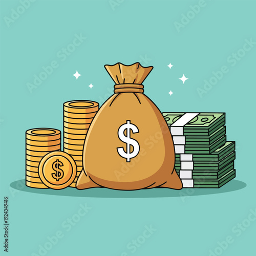 Money bag with dollar sign and stacks of coins and banknotes.