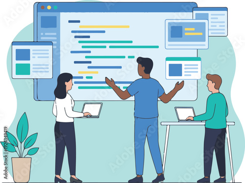 Software development team working on coding and programming on large interface
