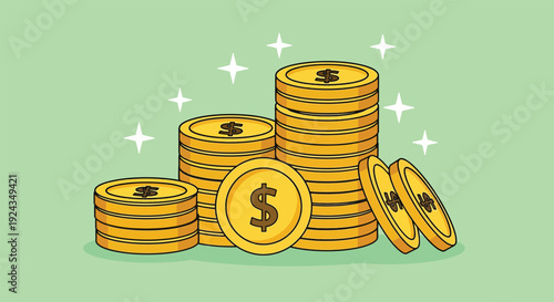 Shiny gold coins stacked on a light green background.