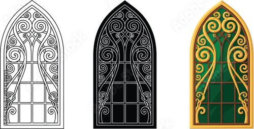 Gothic arched window designs intricate ornamental tracery in black and white line art and colored vector illustration architectural element for fantasy or historical themes