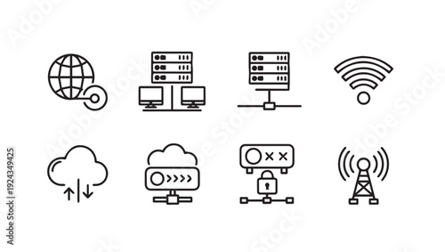 Technology Network Icons: Cloud Servers Wifi Globe Security Tower Stock Graphics