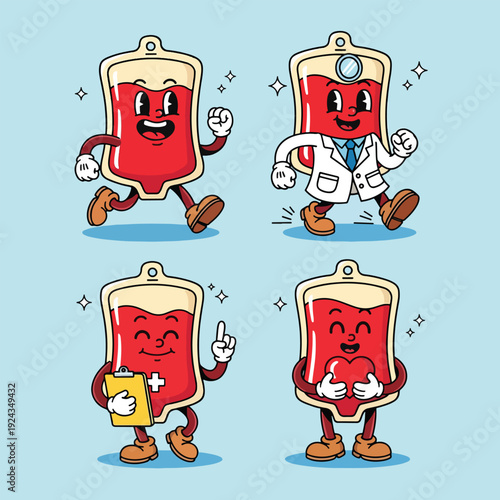 Set of four cute blood bag characters in various poses and roles promoting health and donation.
