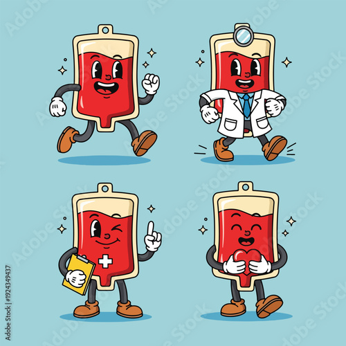 Set of cute blood bag characters in various poses and professions cartoon illustration.