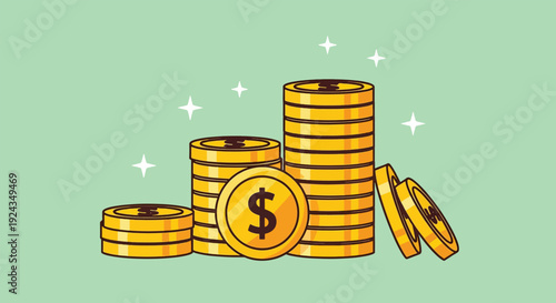 Stacks of golden coins with dollar sign on light green background.