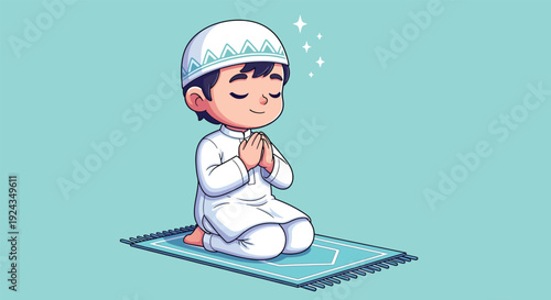 Young Muslim Boy Praying on a Mat.