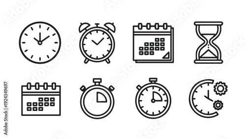 Time Management Icons: Clocks Calendars Stopwatches Hourglass and Gears in Line Art Style
