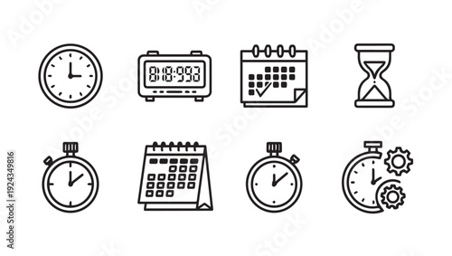 Timekeeping Icons: Clocks Calendars Stopwatch Hourglass Digital Display GearsStock Line Art