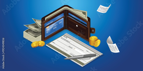 Isometric wallet with credit card cash coins bank check on blue background financial payment concept 3D illustration.Financial payment concept wallet with credit card bank check cash money gold coins