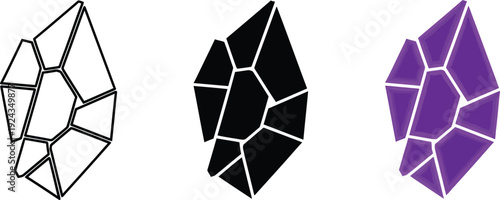 Collection of abstract geometric crystal shapes faceted polygon icons in outline solid black and purple vector art for design elements