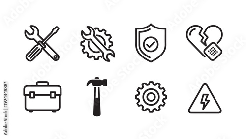 Tool Icons Set: Screwdriver Wrench Gear Shield Broken Heart Toolbox Hammer Warning Sign