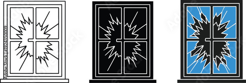 Set of broken window icons representing damage and destruction in flat design style for security or accident concepts