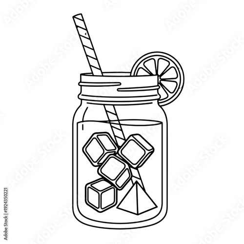 Refreshing lemon iced drink in a mason jar with ice and a straw on a sunny day.