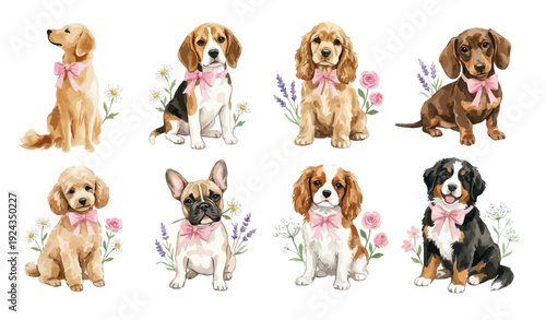 Watercolor puppy breeds clipart set with beagle, dachshund, poodle, spaniel and bernese dog. Collection of Vector illustrations. Perfect for invitation, card, poster, banner, decoration