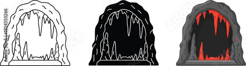 Collection of cave entrance icons featuring outline silhouette and colored designs with stalactites for fantasy or adventure themes isolated on white