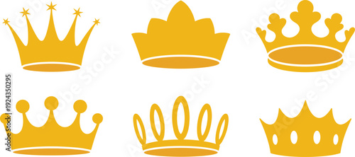 Collection of six gold crowns on white background