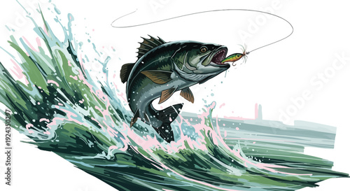 Large fish jumping out of water on fishing line with splash