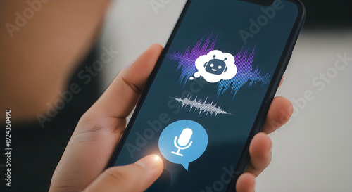 Voice assistant app on smartphone screen with robot icon and microphone
