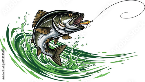 Large mouth bass jumping out of water catching a fishing lure with a hook