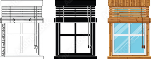 Collection of window blinds and shades including outline black and bamboo styles perfect for interior design and architectural concepts
