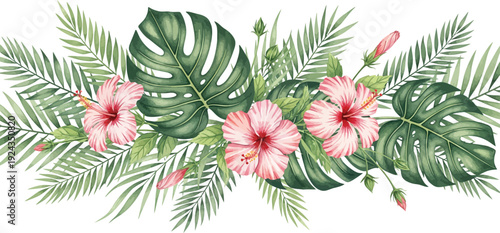 Tropical floral arrangement with pink hibiscus flowers and lush green leaves on white background