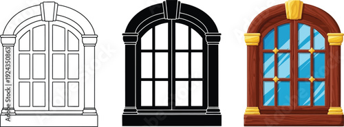 Collection of arched windows in outline silhouette and detailed styles representing architectural elements for design projects