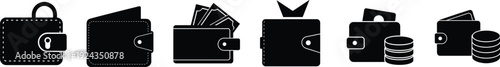 Money wallet silhouette icon set with leather purse, credit card payment, cash notes, stacked coins, financial savings, security lock pocket more vector illustration.