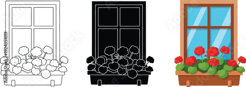 Collection of window with flower box icons featuring outline silhouette and color vector illustrations for home decor and gardening concepts