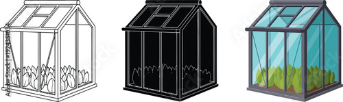 Collection of greenhouse illustrations including line art silhouette and full color vector designs for gardening and agriculture concepts