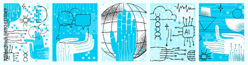 AI Robotic Hands Concepts, Global Technology and Balance Symbols in Hand-Drawn Doodle Style