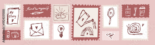 Mental Health Self Care Postage Stamps Collection With Positive Quotes And Doodles