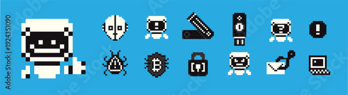 Retro Pixel Art AI Robot And Cyber Security Icons For Digital Interface Design
