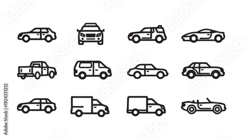 Various Vehicles Icons Set: Cars Trucks Vans and ConvertibleLine Art