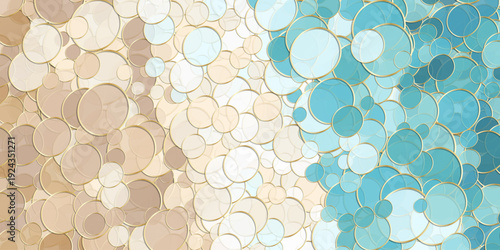Teal sea green and sand color beige overlapping circles with golden outlines. Elegant geometric pattern resembling fish scales or sea waves for luxury summer branding.