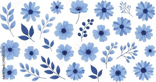 Blue flowers and leaves on white background in elegant botanical illustration style