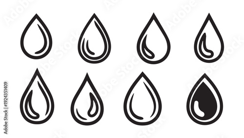Water Drops Icons Set Outline Fill Simple Shapes Liquid Symbol