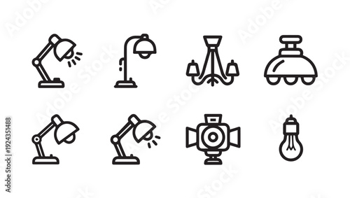 Various Light Fixtures and Lamps Icons Collection Simple Outline Style