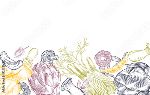 Healthy food poster template featuring hand-drawn botanical vegetables in vintage engraved style. Vector illustration

