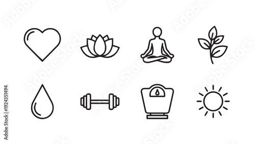 Wellness Icons: Heart Lotus Meditation Plant Drop Dumbbell Scale Sun