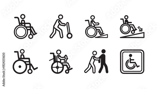 Wheelchair User Icons Set Accessibility Mobility Aids Helping Hands Stock Icons