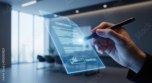 Hand hold pen sign contract on futuristic digital holographic display in office