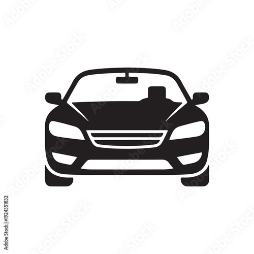 Modern Car Front View Icon – Detailed Black and White Sedan Vector Illustration
