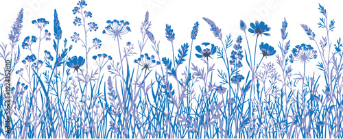 Blue flowers and grass in a field on a white background