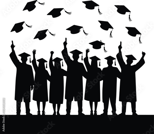 Graduation celebration with people throwing caps in the air happily on white background