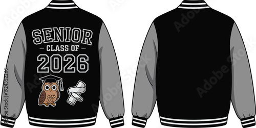 Senior class of 2026 varsity jacket with gray sleeves and white stripes  graduation design